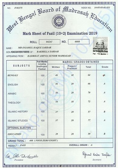 My Higher Secondary Education Marksheet of 2019