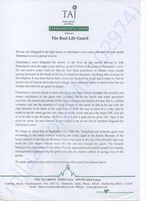 Appreciation Letter From Taj Fishermans Cove