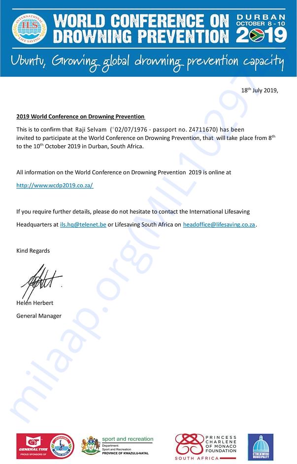 Selvam's Invitation Letter To The World Conference
