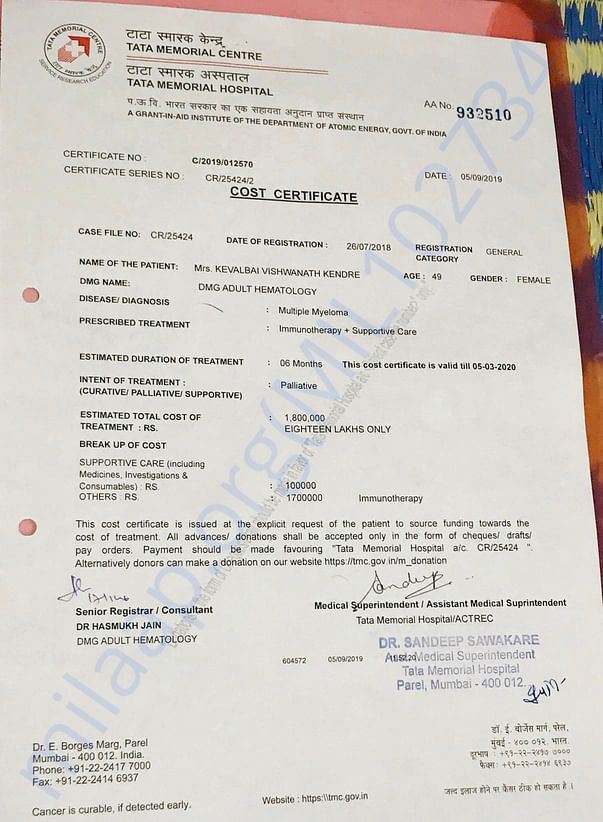 Letter of Cost sheet,Treatment plan (Tata Memorial Hospital)