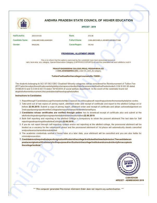 Allotment order and fee payable