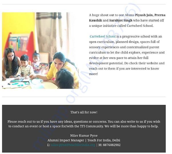 Acknowledgement of our work at Cartwheel School by Teach For India