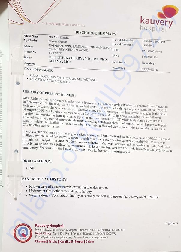 Discharge summary after she got admitted for anti seizures treatment