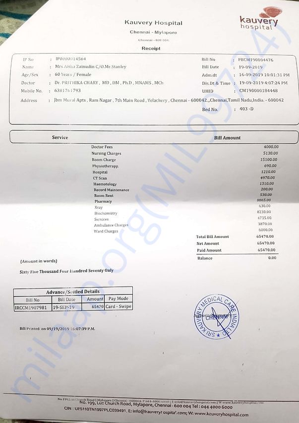 Invoice for anti seizures and other diagnoses