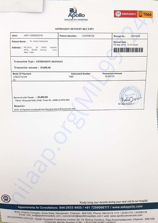 Invoice for admission in apollo cancer institute