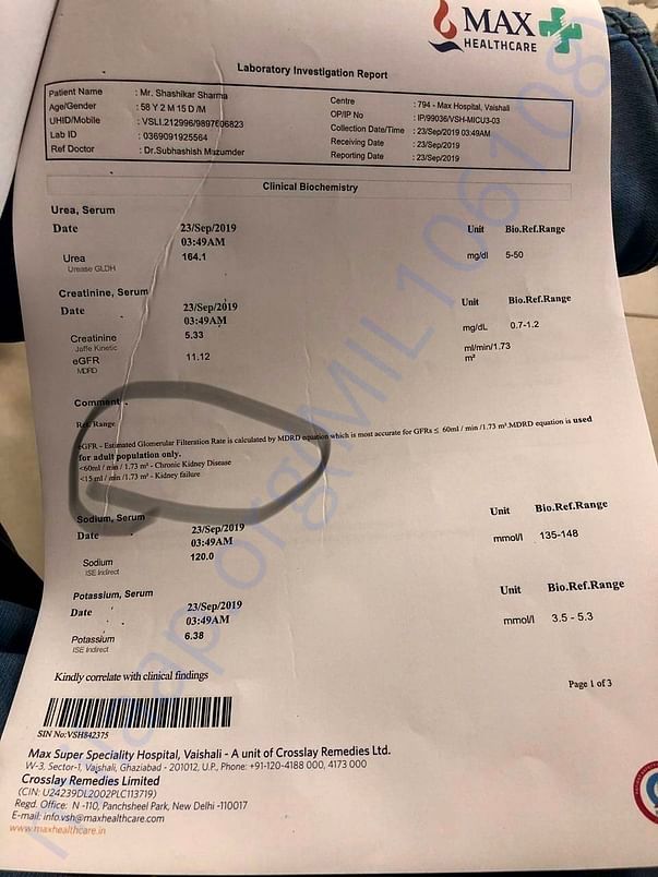 Abhi ki report / Current Kidney report :- 23/09/19 (Kidney failure)