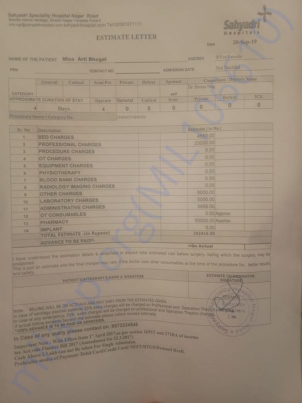 Estimate for chemotherapy