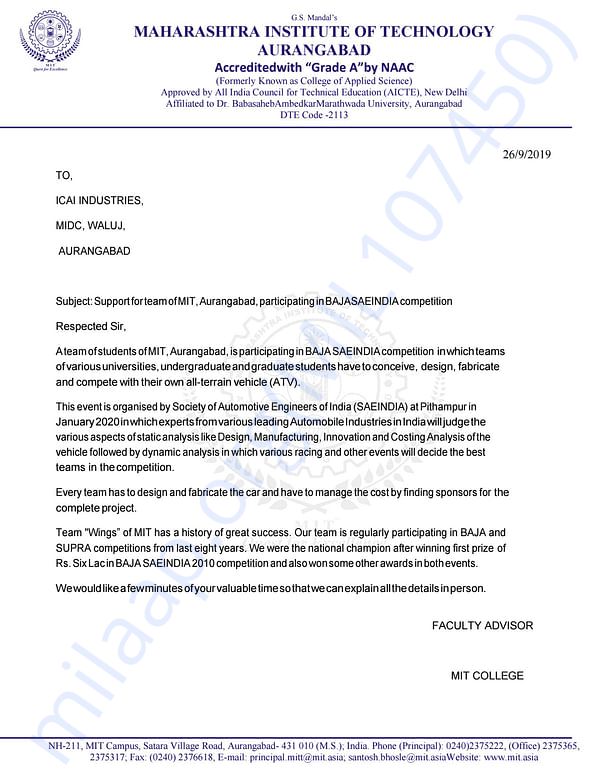 A letter for sponsorship at ICAI Industries, MIDC Waluj, Auranagabad.
