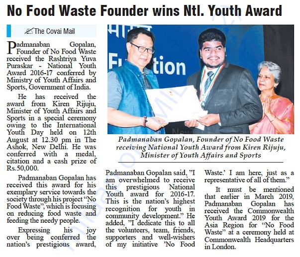 No Food Waste Won National Youth Award in August 2019