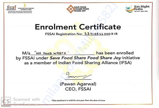 No Food Waste officially recognized by FSSAI, Govt. of India