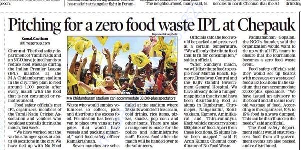 No Food Waste Food Collection in Chennai IPL Matches