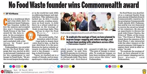 No Food Waste Won Commonwealth Youth Award for Asia Region in Mar 2019
