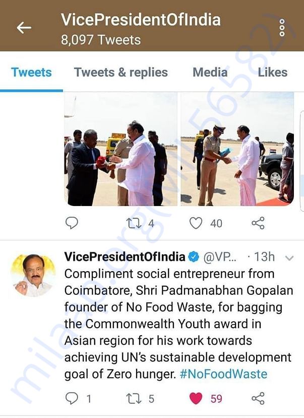 Hon'ble Vice President of India Tweet about No Food Waste