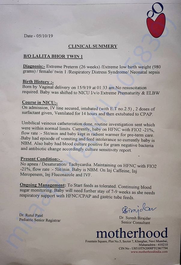 Clinical summary of Twin 1... Dt. 05/10/2019