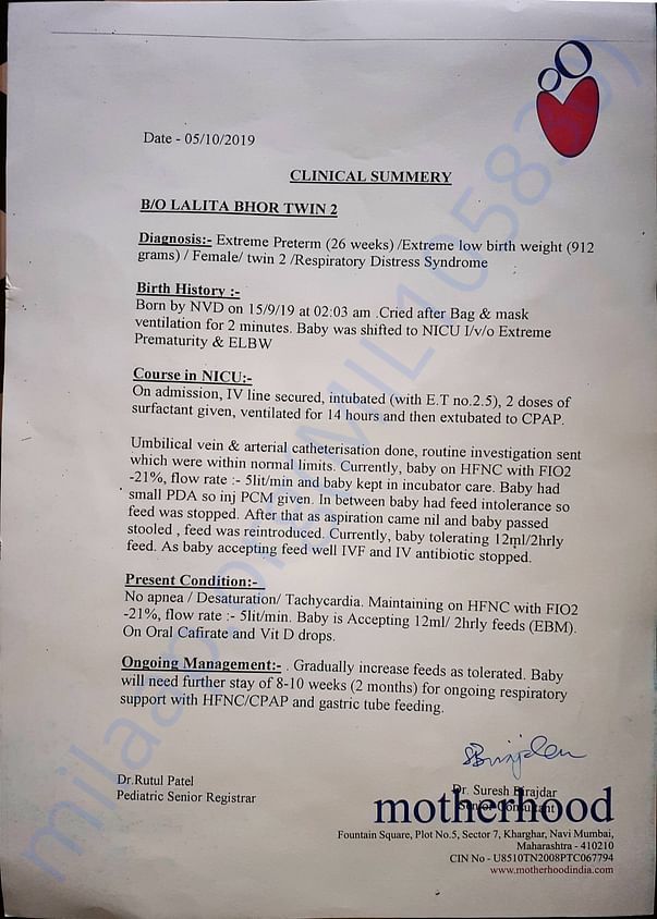 Clinical summary of Twin 2... Dt. 05/10/2019