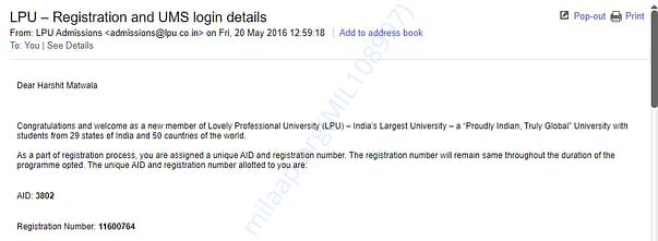Admission Confirmation Email
