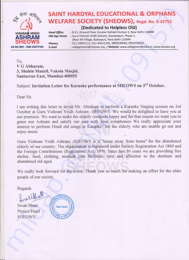 Invitation letter from SHEOWS Delhi