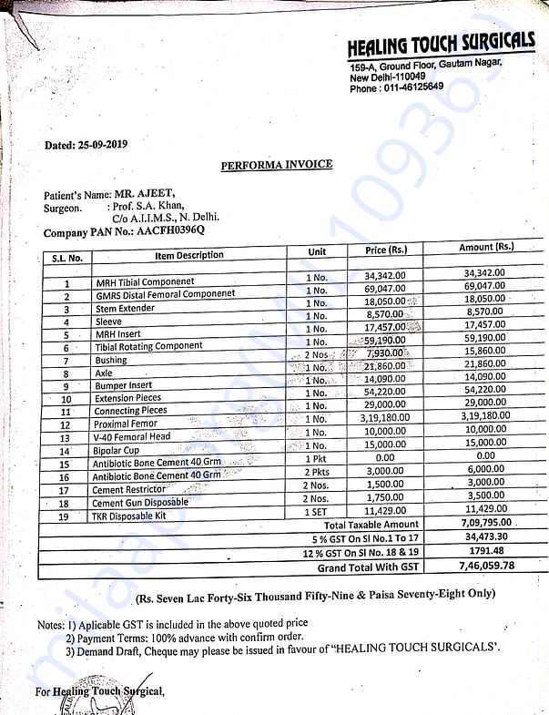 Invoice of estimate cost