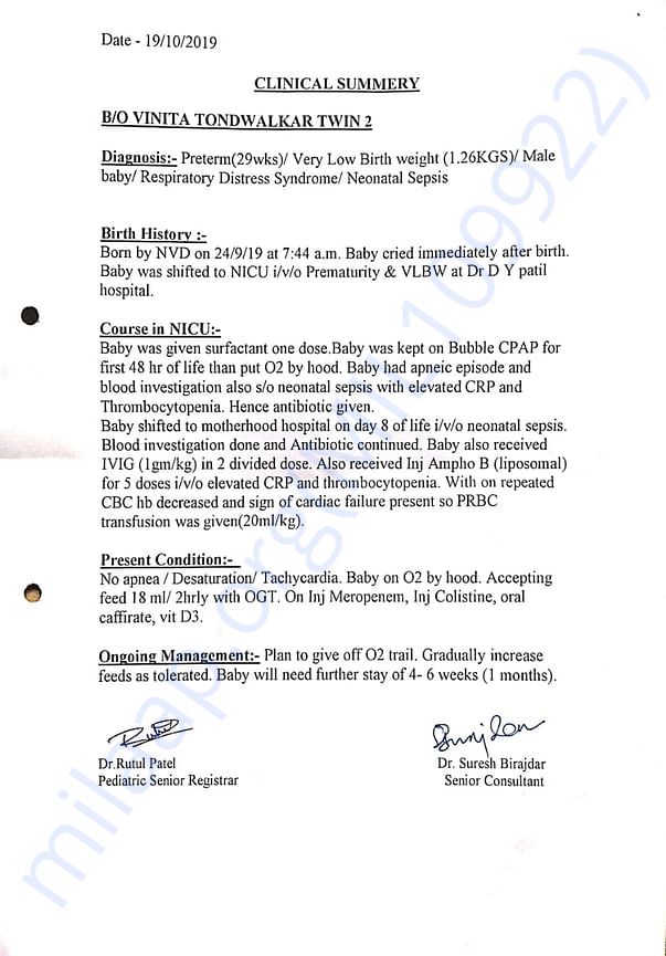 Clinical Summary of Twin 2 Baby