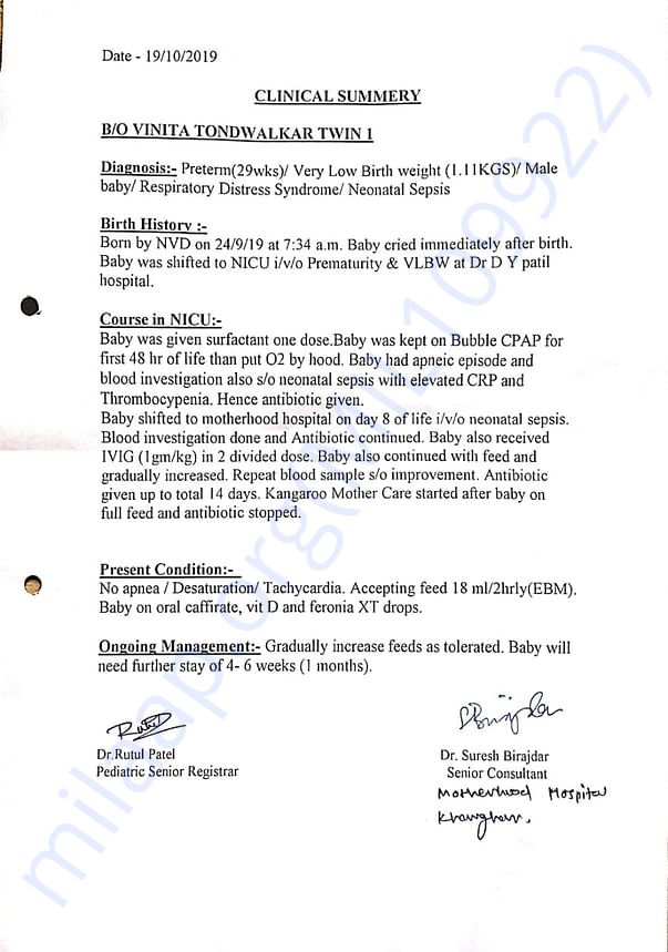 Clinical Summary of Twin 1 Baby