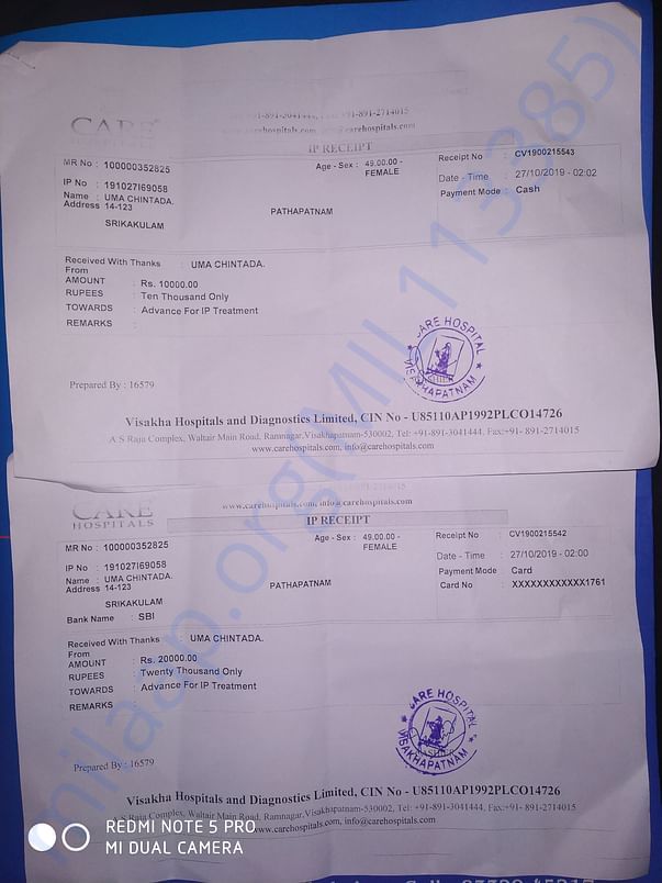 CARE HOSPITALS admit reciepts