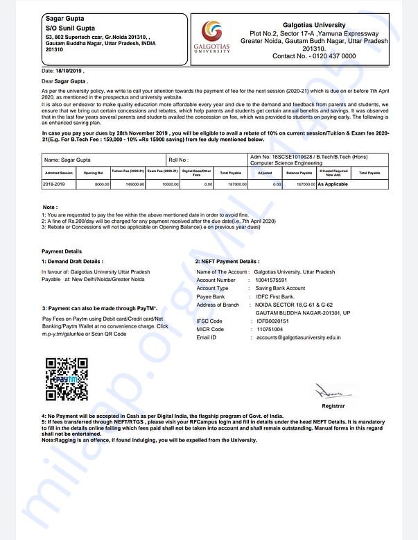 Demand letter for 3rd year fee