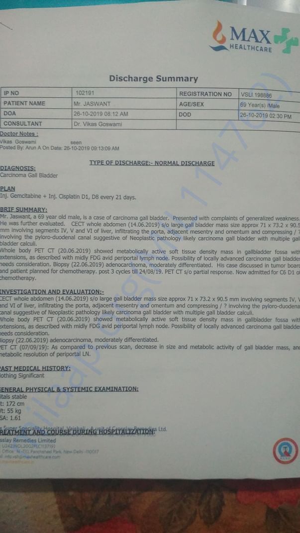 Chemotherapy discharge summary of 1 time and 11 more left