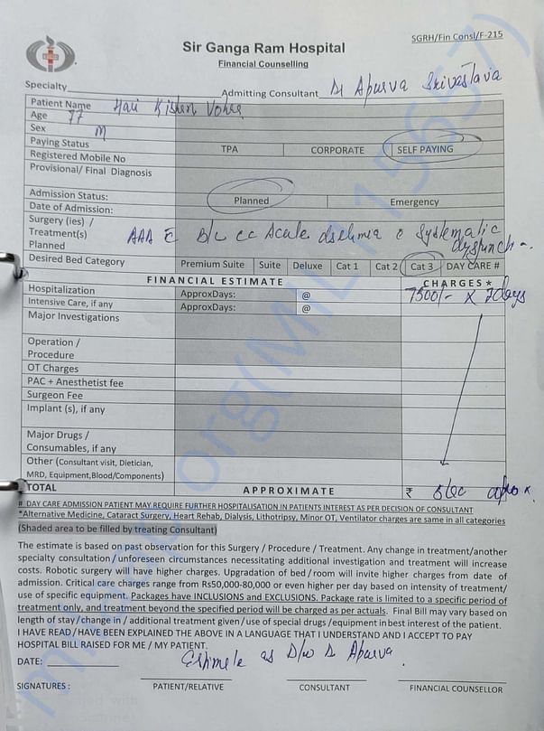 Estimate from hospital for the treatment. (Approx. 5 lacs)