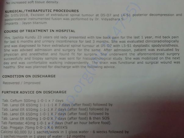 Previous diagnosis of spinal tumor and course oftreatment