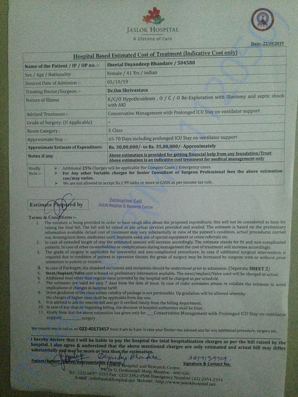 Medical Estimate at Jaslok Hospital