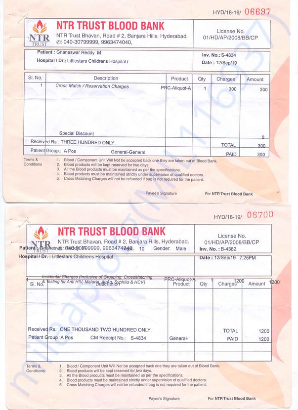 Blood Bank Payment Receipt