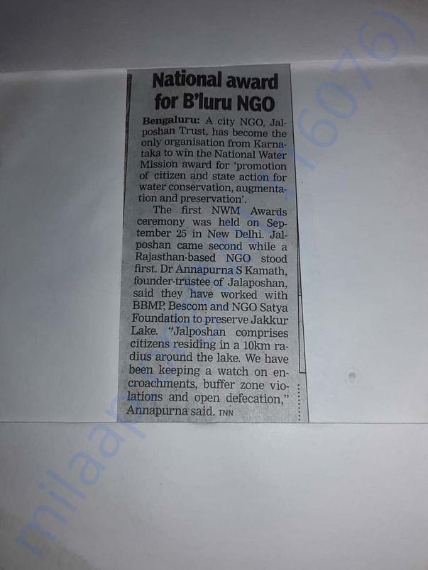 National Award for Jakkur Lake