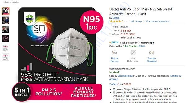 Dettol N95 mask: Rs. 83/-