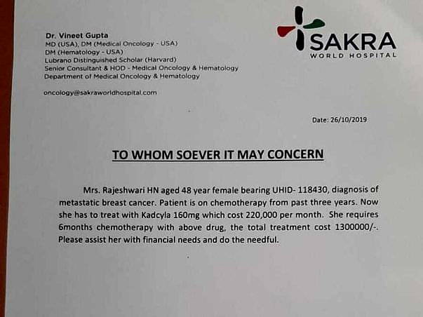 Support Rajeshwari Recover From Breast Cancer