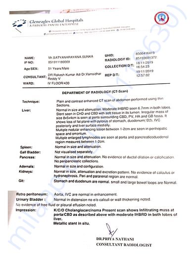 Cholengiocarcinoma CT scan reports in Global hospitals Hyderabad