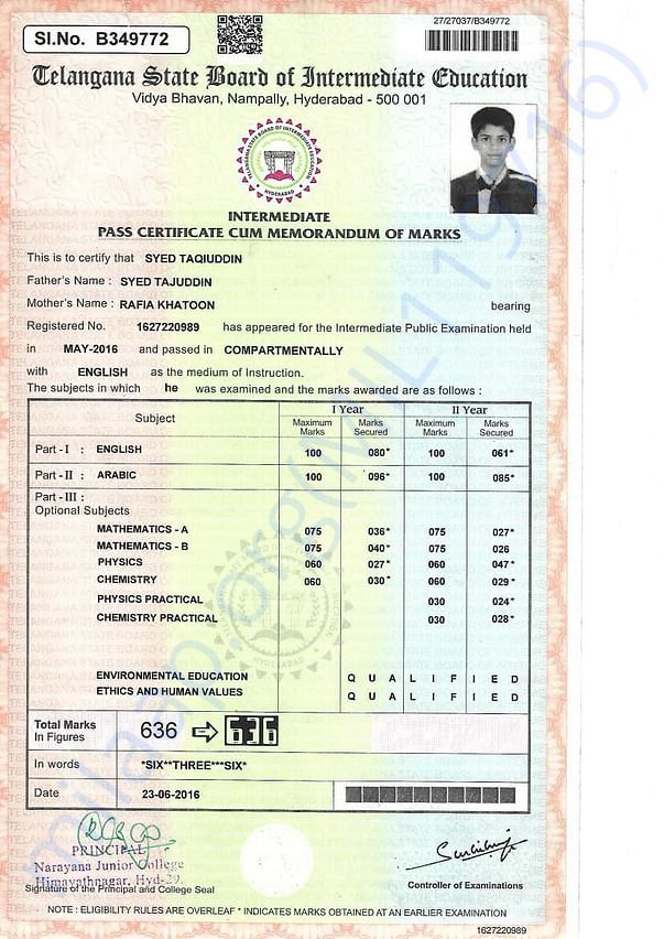 Intermediate marks card