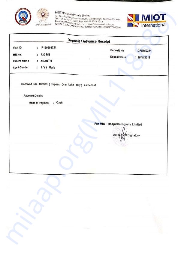 Receipt of 1 Lakh