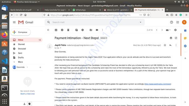 Scholarship mail by Jagriti Yatra