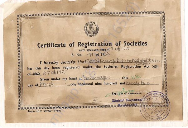 The Registration Certificate of Bethel Society