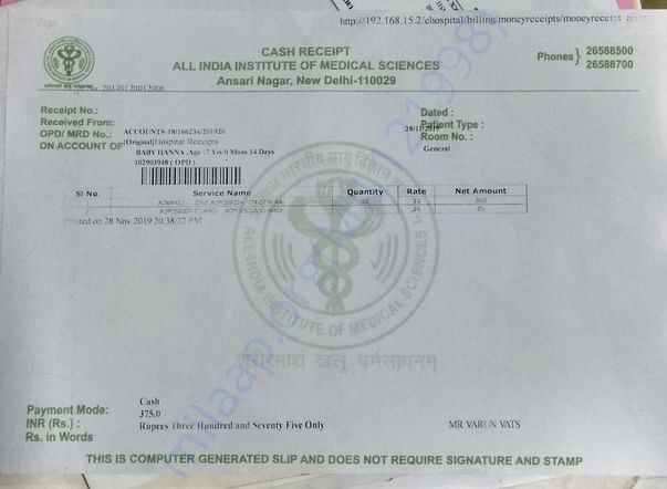 fee recipt to get admitted for Biopsy