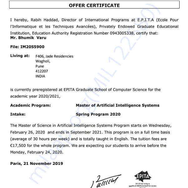 Admission letter