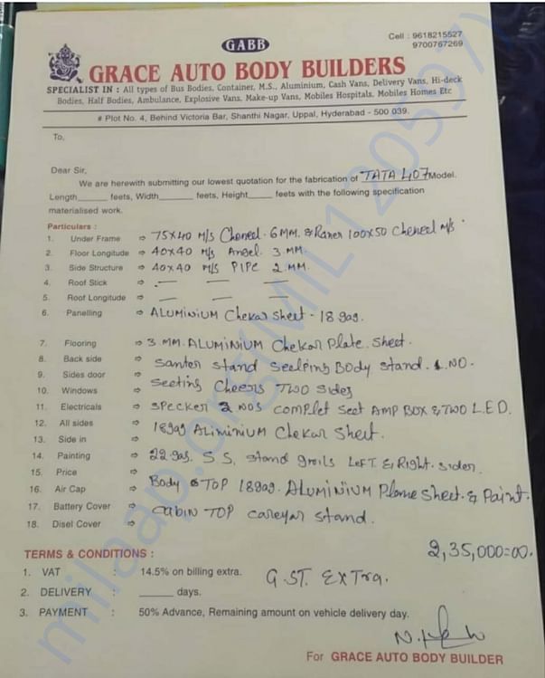 Quote for Fabrication work