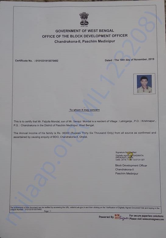 Family income certificate by BDO