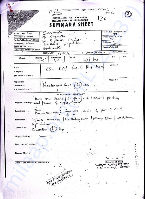 Acid attack summary sheet at KMC Hubli