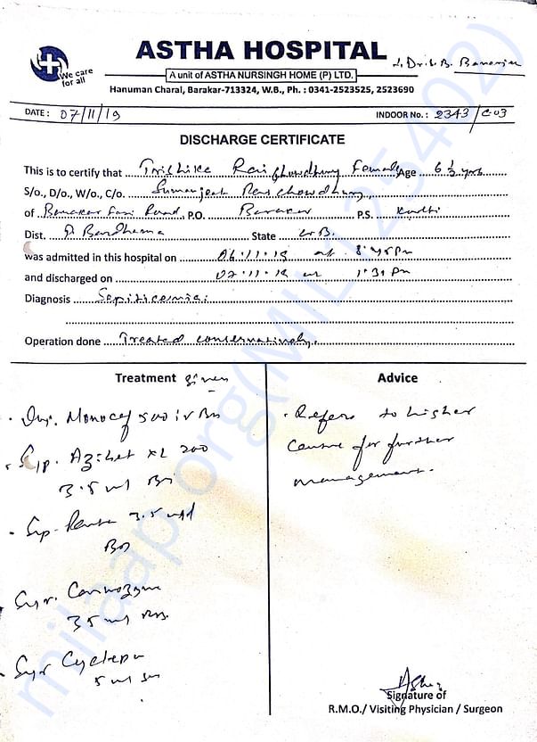 Initial Treatment at Barasat and discharge to kolkata