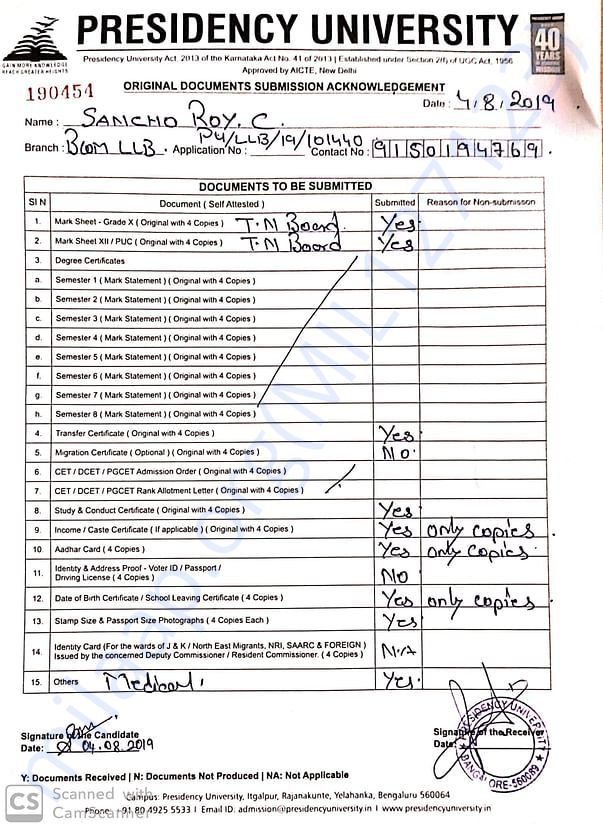 My documents regarding admission to this college.