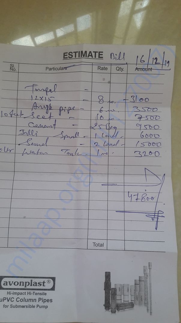 Estimate of material bill for rajamma house