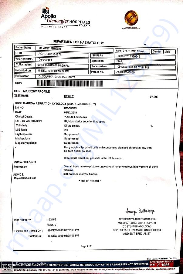 Report from Apollo Kolkata and now shifted to Tata Memorial Mumbai