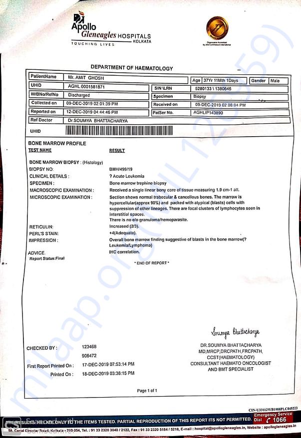 Report from Apollo Kolkata and now shifted to Tata Memorial Mumbai