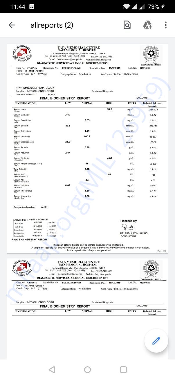 Blood Report Tata Memorial